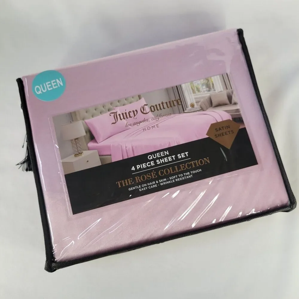 Juicy Couture Pastel Pink Satin 4pc QUEEN Sheets Set Easy Care Sleek Smooth Soft